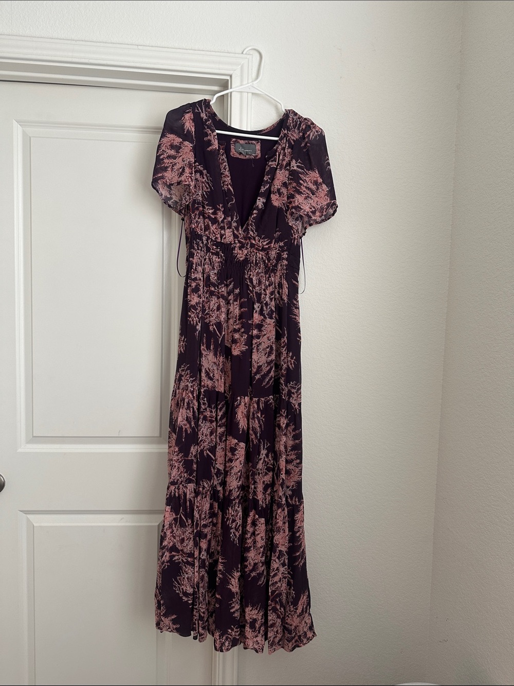 Anthropologie Plum Maxi Dress with Pink Floral Print